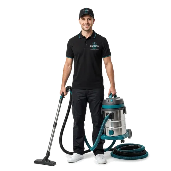 Professional carpet cleaning technician wearing Carpetix uniform and holding cleaning equipment